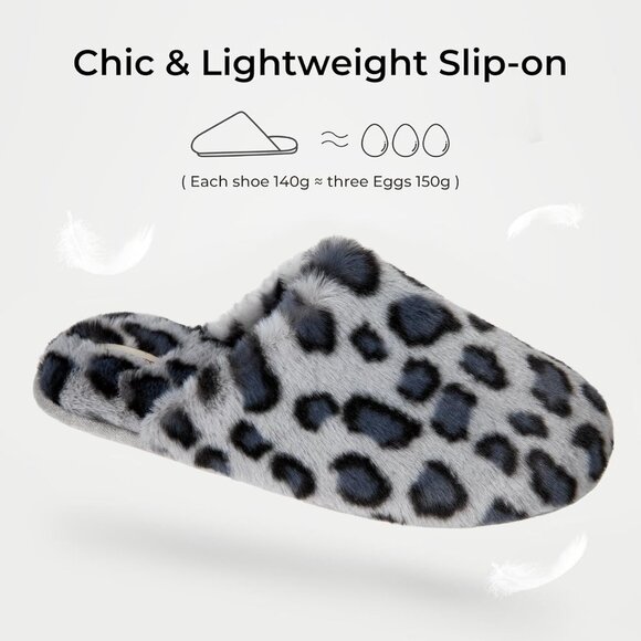 ⚡Women's Cheetah Grey Fuzzy Scuff Slippers Soft Comfy Memory Foam Non Slip - Picture 4 of 6